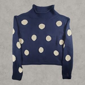 J.Crew Always Sweater Womens Medium Navy Blue Polka Dot Cotton Mock Roll Neck